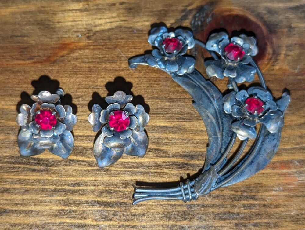 Harry Iskin Brooch Sterling Silver Earring Set Vintage Estate Red Stone Pin